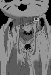  1girl :3 animal_costume arms_up black_background black_mouth blush cat_costume choker closed_mouth collarbone colored_eyelashes commentary cropped_torso dot_nose facial_mark greyscale helmet highres hime_cut holding holding_unworn_helmet japan_(ppfjvdjudk54073) japanese_clothes kimono kokkimusume long_hair looking_at_viewer looking_up monochrome neck_flower ribbon simple_background snout solo sweatdrop tsunase untranslatable_commentary unworn_headwear unworn_helmet whisker_markings wide_sleeves 