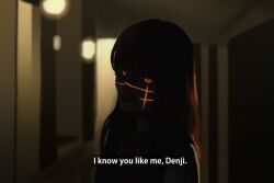  1girl blunt_bangs blurry blurry_background chainsaw_man commentary copycattoo cross_scar depth_of_field english_commentary english_text glowing glowing_eyes glowing_scar highres horror_(theme) long_hair naughty_face obsession_(movie) orange_eyes ringed_eyes scar scar_on_cheek scar_on_face scar_on_nose shaded_face shadow silhouette silhouette_demon yoru_(chainsaw_man) 