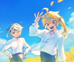  2boys aether_(genshin_impact) ahoge alternate_costume alternate_eye_color alternate_hairstyle artist_name black_pants blonde_hair blue_hair blue_sky blush buttons clouds cloudy_sky collared_shirt commentary_request cowboy_shot day earrings floating_clothes floating_hair flower genshin_impact hair_between_eyes hand_up hands_on_own_hips high_ponytail jewelry long_hair long_sleeves looking_at_viewer male_focus multiple_boys open_mouth orange_eyes outdoors pants petals pocket ponytail puffy_long_sleeves puffy_sleeves red_eyes shirt short_hair signature single_earring sky smile standing tassel tassel_earrings teeth tongue ukata white_shirt xingqiu_(genshin_impact) yellow_flower 