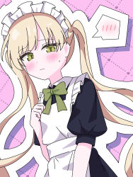  1girl absurdres alternate_costume apron black_dress blonde_hair bow closed_mouth collared_shirt commentary_request contrast_collar dress frilled_apron frilled_headwear frills green_bow green_eyes highres lee0fld long_hair looking_at_viewer mahou_shoujo_no_majo_saiban maid maid_headdress pink_background shirt solo spoken_blush tono_hanna twintails upper_body white_headdress 