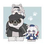  1boy 1girl 2girls animal_ears arknights aurora_(arknights) bag bangs bear_ears black_headwear black_jacket blue_eyes blue_headwear blue_necktie blush blush_stickers chibi commentary_request dress expressionless full_body gopnik_(arknights) grey_hair hair_between_eyes hairband hat heterochromia highres jacket long_hair long_sleeves looking_at_viewer multicolored_hair multiple_girls necktie open_clothes rosa_(arknights) someyaya violet_eyes white_hair 