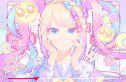  1girl absurdres adjusting_eyewear ao_tamari aqua_hair bespectacled blonde_hair blue_bow blue_eyes border bow chouzetsusaikawa_tenshi-chan closed_mouth colorful colorful_background commentary crescent emoji fake_scrollbar fingernails frown glasses gradient_border gradient_hair hair_bow heart highres long_hair long_sleeves looking_at_viewer looking_over_eyewear multicolored_border multicolored_hair multiple_hair_bows needy_girl_overdose pastel_colors pink_hair pink_nails pixelated_background pleading_face_emoji purple_bow quad_tails red_bow sailor_collar school_uniform serafuku shirt solo star_(symbol) sticker straight-on teardrop-framed_glasses upper_body white_background white_sailor_collar white_shirt yellow-framed_eyewear 