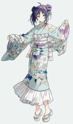  1girl absurdres ahoge blue_kimono blue_nails cho_kaguya-hime! closed_mouth double_bun floral_print full_body green_eyes grey_background hair_bun highres japanese_clothes kimono long_sleeves looking_at_viewer migolu nail_polish obi print_kimono purple_hair sakayori_iroha sakayori_iroha_(tsutaya_pop_up) sandals sash short_hair simple_background solo standing toenail_polish toenails 