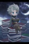  1boy ameamee69 asymmetrical_bangs bangs belafu_(human) blue_eyes blurry book book_stack bright_pupils brown_pants burn_scar chibi cloak closed_mouth clouds commentary_request crescent crescent_moon crossed_legs depth_of_field expressionless green_cloak green_scarf grey_footwear grey_hair highres holding holding_book letterboxed light_particles made_in_abyss male_focus miniboy moon multiple_sources night night_sky on_book open_book pants reading sandals scar scar_on_face scarf shin_guards short_hair sitting sky solo star_(sky) starry_sky too_many too_many_books vambraces yellow_pupils 