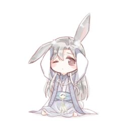  1boy animal_ear_fluff animal_ears baishuo_(shining_nikki) blue_sash blush_stickers brown_eyes brown_pupils chibi chinese_commentary closed_mouth commentary_request frown hands_in_own_hair hands_on_own_head interruption_(echo-023) long_sleeves male_focus nikki_(series) one_ear_down one_eye_closed puffy_long_sleeves puffy_sleeves purple_hanfu rabbit_boy rabbit_ears rabbit_tail robe sad sash shining_nikki simple_background sitting solo tail tareme tearing_up waist_sash white_background white_robe 
