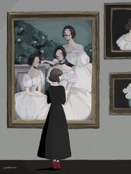  black_choker black_dress black_hair brown_hair choker commentary dress flower full_body gghost0627 grey_background highres long_dress multiple_girls off-shoulder_dress off_shoulder original painting_(object) picture_frame portrait_(object) puffy_sleeves rose short_hair short_sleeves signature sitting standing white_dress white_flower white_rose 