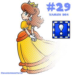  1girl brown_hair commentary crown dress earrings english_commentary english_text flower_earrings frilled_gloves frills gloves gold_crown gown highres jewelry keidontlie medium_hair nakaue_shigehisa_(style) orange_dress pointed_crown princess princess_daisy puffy_sleeves short_sleeves simple_background smile solo super_mario_bros. vanish_box_(mario) white_background white_gloves yellow_dress 