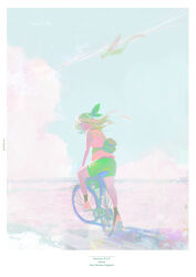  1girl absurdres artist_name backpack bag bandana bicycle black_socks blonde_hair border character_name character_request clouds cloudy_sky commentary copyright_name day dio_knarf english_commentary from_behind full_body grass green_shorts hair_ribbon highres location_name long_hair looking_at_viewer looking_back may_(pokemon) on_bicycle outdoors pokemon pokemon_(creature) red_shoes red_tank_top ribbon riding riding_bicycle scenery shoes shorts sideways_glance sky sleeveless socks tank_top wheel white_border 