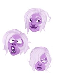  1girl :3 amethyst_(steven_universe) angry bags_under_eyes chudochudes colored_skin frown gem_(steven_universe) highres lips open_mouth purple_skin round_nose short_hair smile steven_universe thick_lips white_background wide_nose 
