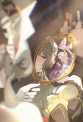  2girls absurdres bare_shoulders black_hair blue_eyes blush brown_hair closed_eyes closed_mouth columbina_(genshin_impact) commentary detached_sleeves dress eye_mask genshin_impact grimace hair_ornament hand_mirror head_wings highres holding holding_mirror joykoygo long_hair long_sleeves looking_at_mirror mask mirror multicolored_hair multiple_girls multiple_wings purple_streaks sandrone_(genshin_impact) see-through_clothes see-through_mask smile streaked_hair untranslatable_commentary white_dress white_mask wing_hair_ornament wings 