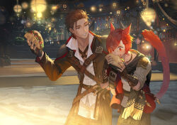  2boys adventurer_(ff14) animal_ears archon_mark armor blue_eyes brown_hair cat_boy cat_ears cat_tail facial_hair facial_mark final_fantasy final_fantasy_xiv g'raha_tia hair_ornament holding hyur male_focus miqo'te mt_(ringofive) multiple_boys neck_tattoo pectorals red_eyes red_hair scar scarf shirt short_hair smile stubble taco tail tattoo tuliyollal viper_(final_fantasy) warrior_of_light_(ff14) 