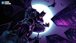  1boy bat_mask batman batman_(series) batman_symbol belt black_cape black_gloves bodysuit bruce_wayne cape commentary cowl dc:_dark_legion dc_comics english_commentary gloves grey_bodysuit highres male_focus mask multicolored_bodysuit multicolored_suit muscular muscular_male superhero_costume taut_bodysuit taut_clothes two-tone_bodysuit two-tone_suit utility_belt 