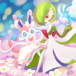  3others artist_name blue_eyes bob_cut closed_eyes colored_skin dated dress flower gardevoir green_hair green_skin hair_over_one_eye highres multicolored_fur multicolored_skin multiple_others pink_eyes pink_fur pokemon pokemon_(creature) shibuzoh signature swablu sylveon two-tone_skin white_dress white_flower white_fur white_skin 