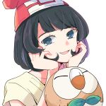  1girl atsumi_yoshioka bangs beanie black_hair blue_eyes commentary_request eyelashes hands_up hat head_rest open_mouth pokemon pokemon_(creature) pokemon_(game) pokemon_sm red_headwear rowlet selene_(pokemon) shirt short_hair short_sleeves smile tongue yellow_shirt 