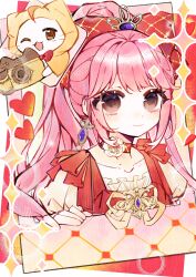  1girl absurdres ahoge animal argyle_bow argyle_choker border bow bowtie brown_eyes camera cat chinese_commentary choker cloak closed_mouth clothed_animal commentary_request dot_nose dress ear_covers earrings eyelashes eyes_visible_through_hair far_and_away_(infinity_nikki) flower frilled_dress frills fwxcfq hair_bow hair_ornament heart high_ponytail highres holding holding_camera hood hood_up hooded_cloak infinity_nikki jewelry large_bow layered_dress light_blush long_hair looking_at_viewer momo_(nikki) neck_flower nikki_(nikki) nikki_(series) one_eye_closed outside_border photo_(object) pink_hair ponytail puffy_short_sleeves puffy_sleeves red_background red_bow red_bowtie red_choker red_dress ribbon short_sleeves shoulder_bow smile sparkle square_neckline striped_bow traditional_bowtie upper_body very_long_hair wavy_hair whiskers white_border white_cat white_dress white_flower yellow_cloak yellow_ribbon 