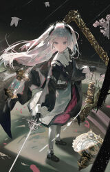  1girl absurdres ammunition_belt arknights black_cape black_gloves black_jacket black_shoes black_wings cape capelet chinese_commentary commentary_request cross_scar empty_picture_frame floating_hair from_above front-seamed_legwear full_body gloves grey_eyes grey_hair head_wings highres holding holding_lantern holding_sword holding_weapon irene_(arknights) jacket lantern leggings long_hair looking_at_viewer night picture_frame quilted_skirt rapier saraph_se_la scar scar_across_eye scar_on_face seamed_legwear shadow shoes smile solo sparkle star_(sky) swept_hilt sword two-tone_skirt weapon white_capelet white_leggings wings 
