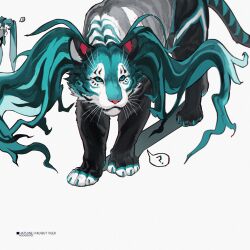  ! ? animal_focus animal_with_hair aqua_claws aqua_eyes aqua_necktie commentary_request grey_shirt hatsune_miku highres long_hair moonagvaze necktie shirt simple_background spoken_exclamation_mark spoken_question_mark tiger twintails very_long_hair vocaloid whiskers white_background 