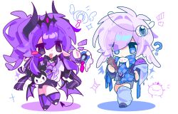  2boys ? alternate_costume androgynous animification ascot bishounen blue_eyes blue_scarf blush_stickers cameo chibi chibi_only chinese_commentary cinnamoroll commentary_request creature creature_and_personification crown demon_boy demon_horns demon_tail demon_wings dual_persona eggchan eyeball eyeball_hair_ornament full_body fuwa_fuwa_cinnamoroll head_wings highres horns humanization jitome kuromi long_hair loose_socks low_wings male_focus minecraft_youtube multiple_boys my_melody_(series) nie_er_xiaotiqin_ni_jueqi_ba open_mouth personification pointy_ears ponytail purple_ascot purple_hair purple_shirt sanrio scarf shirt short_hair shorts simple_background single_blush_sticker socks standing standing_on_one_leg tail unstable_universe violet_eyes wemmbu white_background wings 