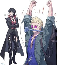  1boy 1girl black_hair blonde_hair blue_eyes blue_shirt byuub coat collar commentary cross cross_earrings demoncursed_vayne earrings gloves jewelry league_of_legends locke_(league_of_legends) nail_(hardware) purple-tinted_eyewear red_eyes red_shirt round_eyewear shirt signature simple_background tattoo tinted_eyewear vayne_(league) wolf_cut 