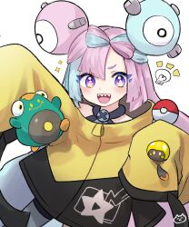  1girl :d bellibolt blue_hair blush bow-shaped_hair commentary_request cowboy_shot iono_(pokemon) jacket long_hair long_sleeves looking_at_viewer multicolored_hair necoyu_(yuyudomino) open_mouth pink_hair poke_ball pokemon pokemon_(creature) pokemon_x_and_y sharp_teeth simple_background sleeves_past_fingers sleeves_past_wrists smile star-shaped_pupils star_(symbol) symbol-shaped_pupils teeth thick_eyebrows two-tone_hair upper_teeth_only violet_eyes white_background yellow_jacket 