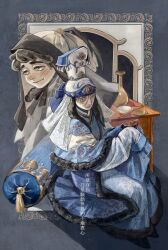  absurdres black_hair blue_robe boraqchin_(tenmaku_no_jaadugar) bowl chinese_text chinstrap commentary_request deel expressionless freckles fur-trimmed_robe fur_trim gan'yugu grey_hair hat_feather highres light_blush light_smile long_sleeves mongolian_clothes ogedei_(tenmaku_no_jaadugar) old old_woman robe table tagme tenmaku_no_jaadugar vase 