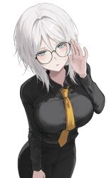  1girl adjusting_eyewear bespectacled black-framed_eyewear black_pants black_skirt blue_eyes blush breasts collared_shirt cowboy_shot double-parted_bangs eonyan_(chaeyang) faust_(project_moon) glasses hand_up highres large_breasts limbus_company long_sleeves looking_at_viewer medium_hair necktie pants parted_lips project_moon round_eyewear seven_association_south_(identity)_(project_moon) seven_association_south_uniform shirt shirt_tucked_in simple_background skirt solo white_background white_hair yellow_necktie 