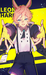  1boy animal_ears arknights bishounen black_jacket black_shorts blonde_hair character_name commentary_request dry-er fingerless_gloves gloves green_eyes highres jacket leonhardt_(arknights) looking_at_viewer male_focus multicolored_eyes multicolored_hair necktie open_mouth rabbit_boy rabbit_ears shirt short_hair shorts smile solo suspender_shorts suspenders white_shirt yellow_background yellow_gloves 