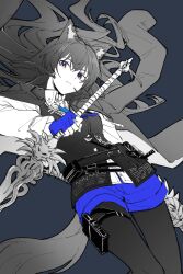  1girl animal_ear_fluff animal_ears arknights black_background blue_eyes blue_gloves blue_shorts bolo_tie chinese_commentary closed_mouth collared_shirt commentary_request cowboy_shot fingerless_gloves floating_clothes floating_hair gloves highres holding holding_sword holding_weapon long_hair long_sleeves looking_at_viewer multicolored_eyes pantyhose partially_colored piaoliu_ping_ping_ping_pingzi pouch shirt short_shorts shorts simple_background solo sword tail texas_(arknights) texas_the_omertosa_(arknights) thigh_pouch thigh_strap two-tone_eyes vest weapon wolf_ears wolf_girl wolf_tail yellow_eyes 