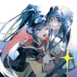  2girls :o ;d arknights astesia_(arknights) astgenne_(arknights) black_cape blue_eyes blue_hair brown_gloves cape diamond-shaped_pupils diamond_(shape) gloves goggles goggles_on_head hand_up heqing holding_hands interlocked_fingers long_sleeves looking_at_viewer multiple_girls one_eye_closed open_mouth parted_lips ponytail shirt siblings simple_background sisters sketch smile symbol-shaped_pupils upper_body white_background white_shirt 