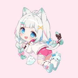  1girl ahoge animal_ear_fluff animal_ears ass bell blue_bow blue_eyes blue_slippers blush bow braid cat_ears cat_girl cat_tail chibi collar commentary densetsu.exe dolphin_shorts from_side grey_hair hair_bow hair_ornament hairclip heart heart_in_eye highres hitsukuya jingle_bell long_sleeves looking_at_viewer looking_back loose_socks low_twintails mint_fantome multicolored_hair neck_bell pink_background pink_bow pink_collar pink_hair pink_shorts puffy_long_sleeves puffy_sleeves ribbon-trimmed_socks ribbon_trim shoe_soles shorts simple_background sleeves_past_wrists slippers socks solo streaked_hair sweater symbol_in_eye tail tail_through_clothes twin_braids twintails untranslatable_commentary virtual_youtuber white_socks white_sweater x_hair_ornament 