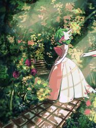  1girl bob_cut dress elbow_gloves gardevoir gloves green_hair highres kaguya_hobby looking_at_viewer mega_gardevoir mega_pokemon pink_eyes pokemon pokemon_(creature) white_dress white_gloves 