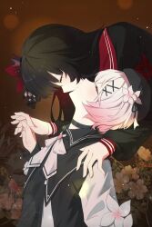  2girls artist_request beret black_choker black_coat black_hair black_hat black_shirt choker closed_eyes coat collared_coat commission crown flower flower-trimmed_sleeves gradient_hair hair_flower hair_ornament hat hat_flower hat_ribbon highres holding_hands interlocked_fingers long_hair long_sleeves mahou_shoujo_no_majo_saiban mini_crown multicolored_hair multiple_girls neck_ribbon nikaido_hiro pink_hair red_eyes red_flower ribbon sakuraba_ema second-party_source shirt short_hair sleeveless sleeveless_coat white_flower white_hair white_ribbon white_shirt white_sleeves x_hair_ornament yuri 