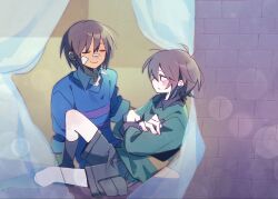  2others androgynous bandage_on_face bandages blue_sweater brick_wall brown_hair chara_(undertale) closed_eyes closed_mouth curtains frisk_(undertale) green_sweater highres long_sleeves looking_at_another multiple_others other_focus red_eyes shirt short_hair shorts shout_ing smile striped_clothes striped_sweater sweater undertale utdr_(toby_fox) 
