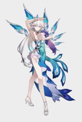  1girl absurdres aqua_dress arm_up armlet armpits bracelet breasts changmingsuo closed_mouth coldeye dress earrings full_body hair_between_eyes high_heels highres honkai:_star_rail honkai_(series) jewelry legs_apart long_hair multicolored_eyes peacock_feathers peacock_feathers_hair_ornament peacock_print sideboob solo standing tassel tassel_earrings thighs two-tone_dress two-tone_eyes unfinished violet_eyes white_background white_hair yao_guang_(honkai:_star_rail) 