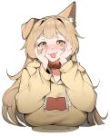  1girl animal_ears blush breasts brown_eyes brown_hair closed_mouth collar collarbone dog_ears dog_girl fangs fangs_out hands_on_own_face highres hood hoodie large_breasts long_hair long_sleeves looking_at_viewer original saru_(monkey_magic3) smile solo tongue tongue_out upper_body 
