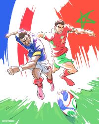  2boys armband artist_name artsbynonso ball beard brahim_diaz brown_hair commentary facial_hair french_flag french_national_soccer_team_uniform full_body green_shorts highres kylian_mbappe moroccan_flag moroccan_national_soccer_team_uniform multiple_boys real_life shirt shorts soccer soccer_ball 