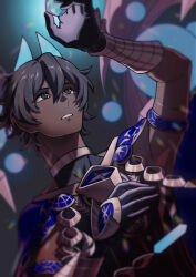  1boy arjuna_(fate) arjuna_alter_(fate) armlet armor black_eyes black_gloves black_hair blue_horns cape capelet commentary_request dark-skinned_male dark_skin fate/grand_order fate_(series) gloves grey_eyes hair_between_eyes highres holding horns jewelry looking_up male_focus orb parted_lips shima222nd shirt short_hair solo upper_body vambraces 