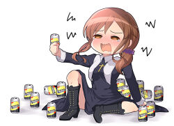  1girl arm_support beer_can black_dress blush boots brown_eyes brown_hair can combat_boots commentary_request cross cross_necklace crying dress drink_can drooling drunk hair_ornament hair_scrunchie highres holding holding_can itsuka_neru jewelry necklace noel_(tsukihime) nun on_floor open_mouth scrunchie side_ponytail sidelocks sitting solo tearing_up tsukihime tsukihime_(remake) wavy_sidelocks wing_collar 