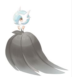  1girl alternate_color black_dress black_gloves blue_hair bob_cut dress elbow_gloves gardevoir gloves hair_over_one_eye highres mega_gardevoir mega_pokemon nyao_peo orange_eyes pokemon pokemon_(creature) shiny_pokemon strapless strapless_dress 
