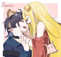  2girls 7369792649 animal_ear_fluff animal_ears black_hair blonde_hair blue_hair blue_kimono blue_nails chinese_commentary cho_kaguya-hime! closed_eyes commentary_request crescent crescent_hair_ornament face-to-face facing_another fang forehead_jewel fox_ears hair_ornament highres japanese_clothes kaguya_(cho_kaguya-hime!) kaguya_(tsukuyomi)_(cho_kaguya-hime!) kimono long_hair lop_rabbit_ears multicolored_hair multiple_girls rabbit_ears red_kimono red_nails sakayori_iroha sakayori_iroha_(tsukuyomi) short_hair skin_fang smile two-tone_hair umbrella_octopus yuri 