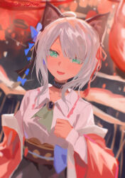  1girl absurdres ahoge arknights artist_name black_choker black_skirt blue_bow blush bow breasts brooch choker colorpoint_(pattern) commentary dated dress green_eyes hair_bow hair_ribbon highres infection_monitor_(arknights) japanese_clothes jewelry kekego kimono medium_breasts medium_hair mint_(arknights) mint_(tsukiyoi)_(arknights) official_alternate_costume open_mouth parted_bangs pink_kimono red_ribbon ribbon skirt smile solo swept_bangs white_dress white_hair 