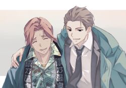  2boys ^_^ aopix_001 arm_around_shoulder black_eyes black_necktie blue_coat border brown_hair closed_eyes coat collared_shirt commentary_request earrings fate/grand_order fate_(series) formal_clothes gold_earrings green_coat grey_background hand_on_another's_shoulder highres jacket jewelry kinomi_housuke kumano_onsen_satsujin_jiken lapels long_hair lower_teeth_only mahou_tsukai_no_yoru male_focus multiple_boys necklace necktie open_clothes open_coat open_jacket open_mouth peaked_lapels red_hair shirt short_hair simple_background smile stole suit suit_jacket teeth tsukiji_tobimaru upper_body white_border white_shirt 