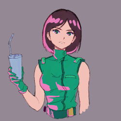  1girl breasts brown_hair cup drinking_straw emma_sheen gloves green_eyes green_gloves grey_background gundam highres holding holding_cup medium_breasts medium_hair sleeveless solo zawabug zeta_gundam 