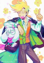  2boys anger_vein blonde_hair claws closed_mouth commentary crossed_arms deltarune floppy_ears flowery_(deltarune) furry furry_male goat_horns green_robe highres horns index_finger_raised junimentai male_focus multiple_boys nail_polish open_mouth pink_horns pink_scarf ralsei robe round_eyewear scarf smile sparkle untranslatable_commentary utdr_(toby_fox) white_fur 