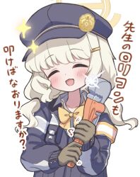  1girl aoba_(blue_archive) armband black_hat blonde_hair blue_archive brown_gloves closed_eyes commentary_request denki_blanco facing_viewer glint gloves halo hat highlander_railway_academy_logo holding holding_wrench jacket long_sleeves newsboy_cap open_mouth simple_background smile solo sparkle translation_request upper_body white_background wrench yellow_halo 