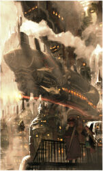  1girl 1other aircraft airship ambiguous_gender animal_on_shoulder building commentary_request day fantasy highres industrial_pipe lantern original outdoors railing scenery shading_eyes sheath sheathed steam steampunk sunlight sword sword_on_back teikoku_shounen vehicle_focus very_wide_shot weapon weapon_on_back 