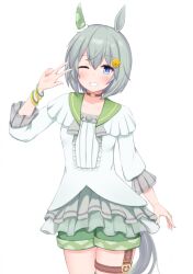  1girl animal_ears blue_eyes blush bracelet breasts brown_choker ceresia8327 choker collarbone commentary_request ear_covers flower green_sailor_collar green_shorts grey_hair grin hair_between_eyes hair_flower hair_ornament hairclip highres horse_ears horse_girl horse_tail jewelry long_sleeves looking_at_viewer one_eye_closed open_mouth sailor_collar seiun_sky_(reeling_in_the_big_one)_(umamusume) seiun_sky_(umamusume) shirt short_hair shorts simple_background single_ear_cover small_breasts smile solo sunflower sunflower_hair_ornament tail teeth thigh_strap umamusume v white_background 