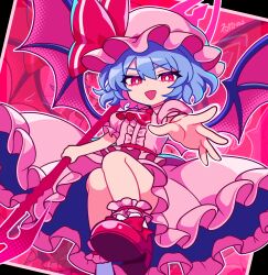  1girl absurdres artist_name ascot bat_wings bow bright_pupils center_frills commentary_request cropped dot_nose foot_out_of_frame footwear_bow frilled_socks frills hair_between_eyes hat hat_ribbon highres holding holding_weapon ishiki_nuru looking_at_viewer mob_cap open_mouth outline outstretched_arm pink_hat pink_shirt pink_skirt puffy_short_sleeves puffy_sleeves red_ascot red_bow red_eyes red_shoes remilia_scarlet ribbon shirt shoes short_hair short_sleeves skirt skirt_set smile socks solo spear_the_gungnir touhou weapon white_outline white_pupils wings zoom_layer 