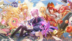  3girls absurdres animal animal_ears apple applejack arknights black_jacket black_skirt black_thighhighs blemishine_(arknights) blemishine_(kindness_and_strength)_(arknights) blonde_hair blue_sky book bug butterfly candle cardigan chinese_commentary clouds cloudy_sky commentary_request copyright_logo copyright_notice creature crossover denim dress flower fluttershy food fruit glasses gloves hair_between_eyes hairband hand_on_book hasbro hat highres holding holding_book holding_food holding_fruit horns horse horse_ears horse_girl hypergryph jacket jeans lin_(arknights) lin_(knowledge_and_magic)_(arknights) logo long_hair looking_at_viewer magical_girl mouse_ears mouse_girl multiple_girls my_little_pony my_little_pony:_friendship_is_magic narantuya_(arknights) narantuya_(honesty_and_sincerity)_(arknights) official_alternate_costume official_art one_eye_closed open_book open_cardigan open_clothes open_mouth pants pegasus pink_butterfly pink_eyes pink_flower pink_hair pink_ribbon pony_(animal) ponytail purple_hairband red_eyes red_flower red_hair ribbon shirt sitting skirt sky star_(symbol) thigh-highs twilight_sparkle wheat white_dress white_gloves white_shirt winged_unicorn wings yellow_eyes 