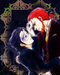 2boys beard black_hair blue_background blue_coat blue_eyes blue_necktie border chinstrap_beard coat eye_mask facial_hair facing_another formal_clothes hand_on_another's_shoulder holding holding_mask long_sidelocks looking_at_another loose_necktie low_ponytail lysandre_(pokemon) male_focus mask mature_male multiple_boys necktie ornate_border pocket_square pokemon pokemon_x_and_y ponytail professor_sycamore red_coat red_hair ruki01 sidelocks suit upper_body wavy_hair yellow_necktie 